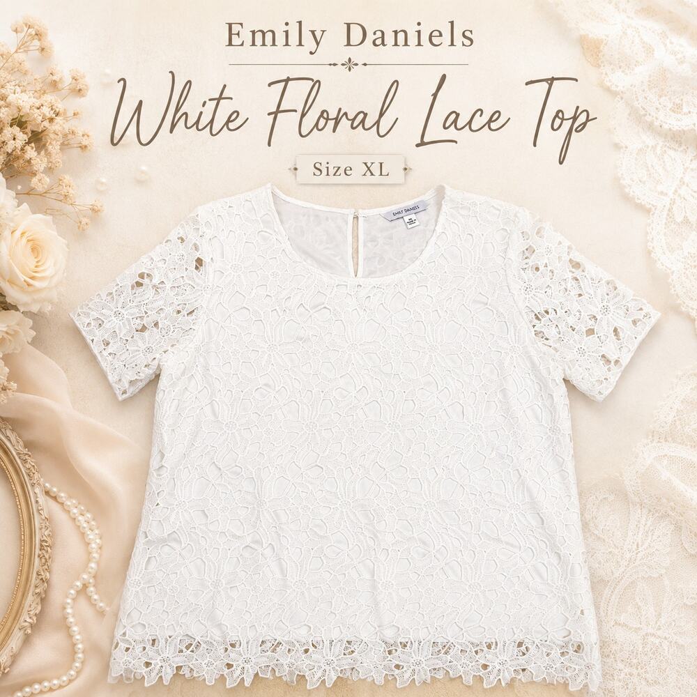 Emily Daniels White Floral Crochet Lace Lined Scallop Hem Top XL